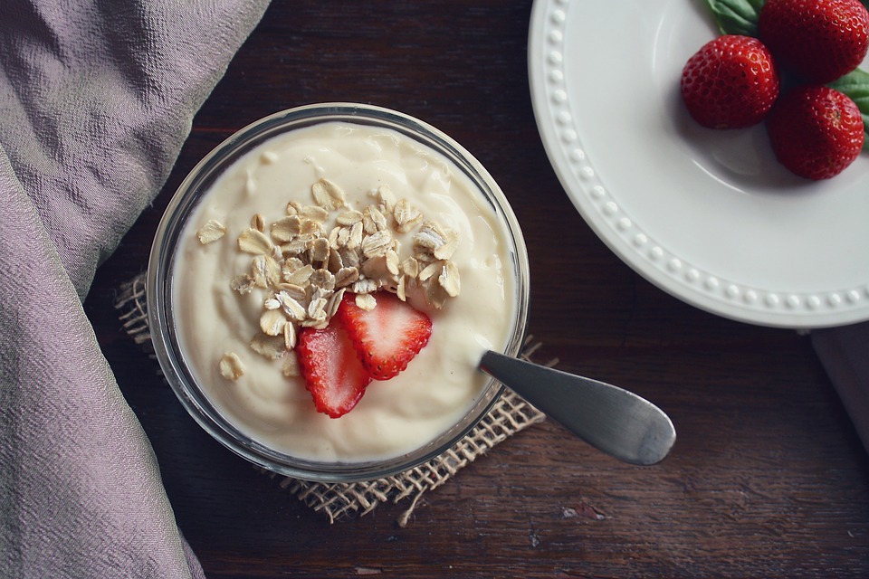  yogurt, granola and strawberry
