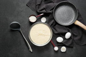 Eggs, potato starch, water and salt are all you need to make a egg crepe. 