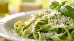 Creamy pesto pasta is the perfect fit for nutritional yeast. 