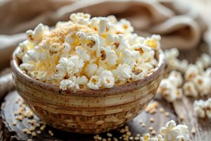 Melt dairy butter or pareve margarine onto the popcorn and then top it with nutritional yeast. 