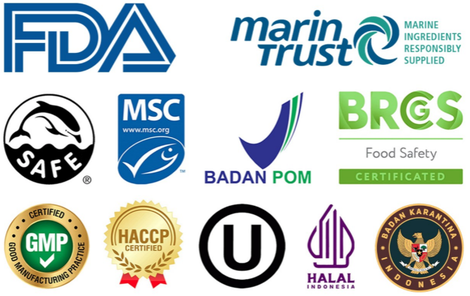 PT Lautindo certifications: FDA, Marin Trust, SAFE, MSC, Badan POM, BRCGS Food Safety, GMP, HACCP, OU Kosher, Halal Indonesia, and Badan Karantina Indonesia